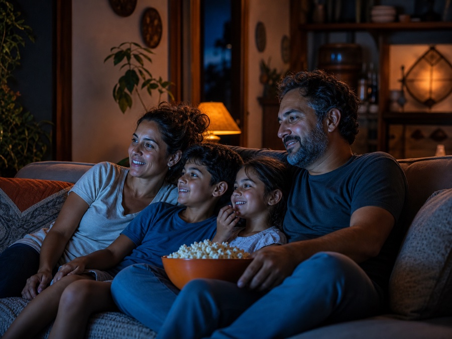 Família assistindo a um filme em casa