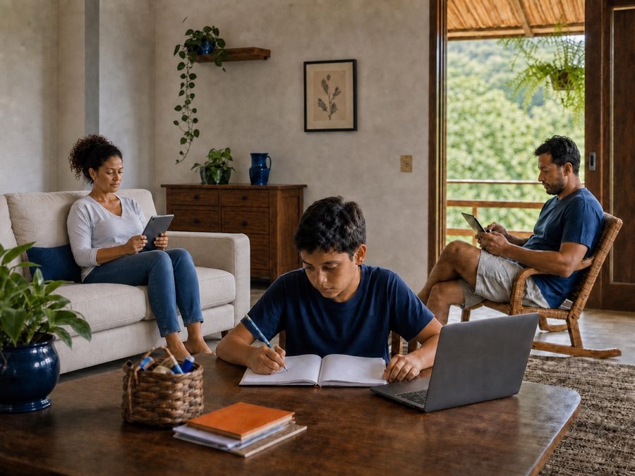 Família usando internet em casa