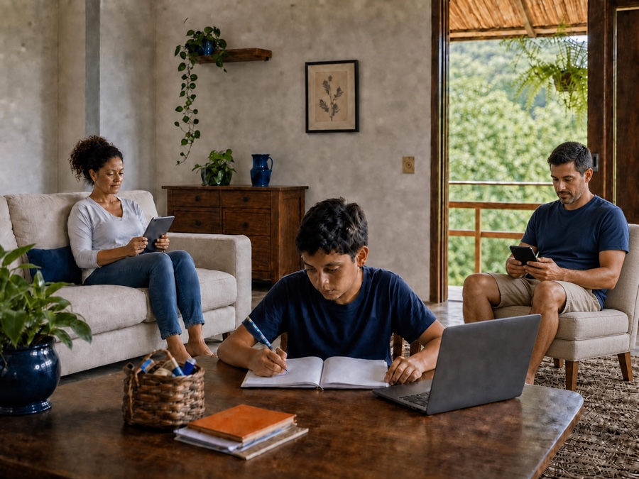 Família usando internet em casa