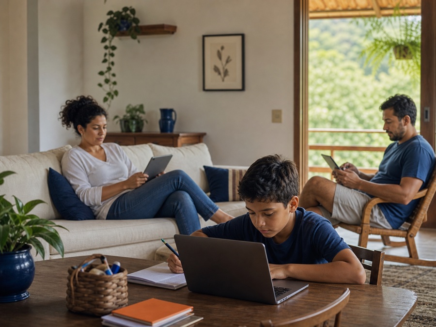 Família usando internet em casa