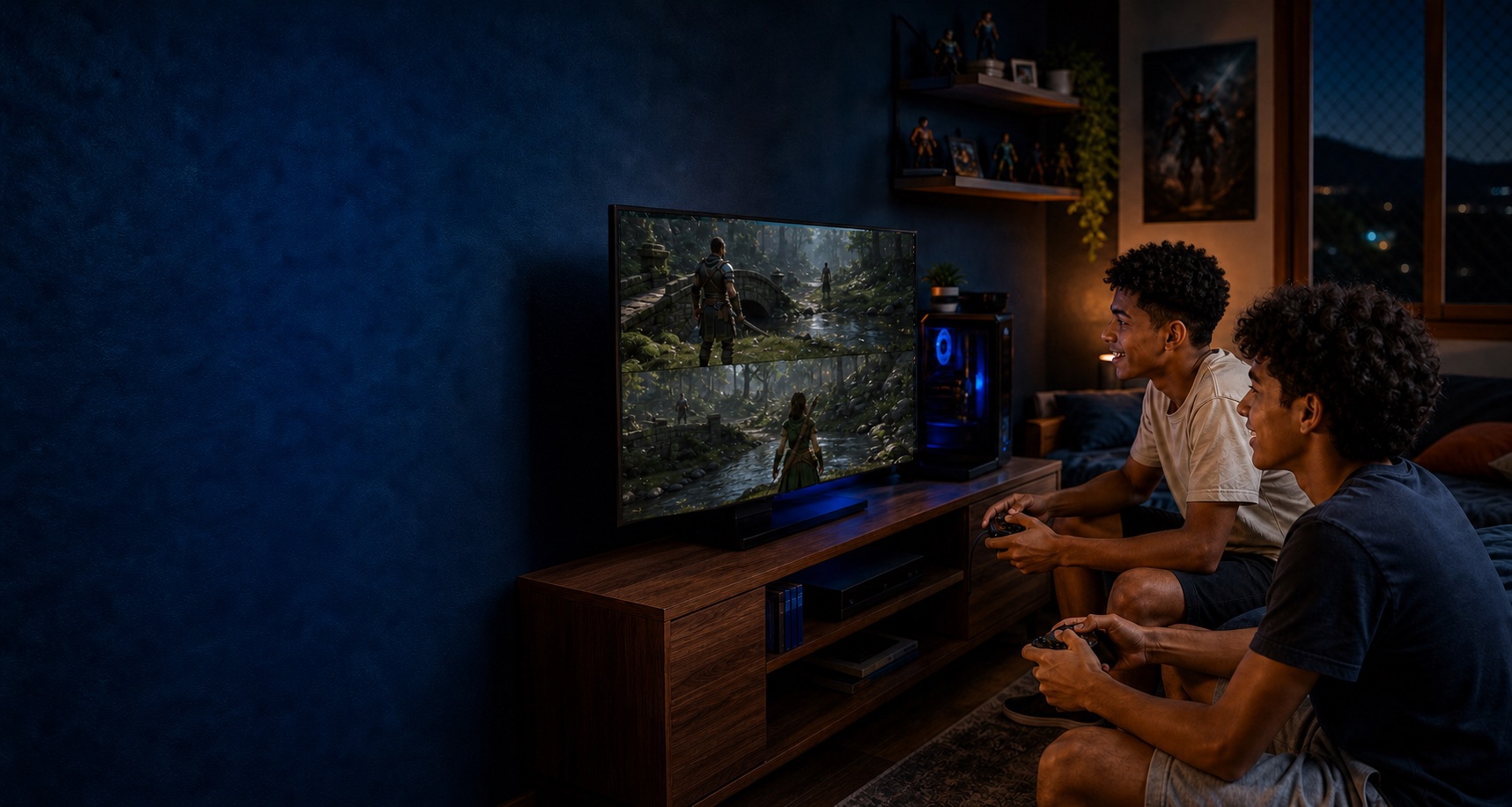 Dois amigos jogando videogame juntos em casa