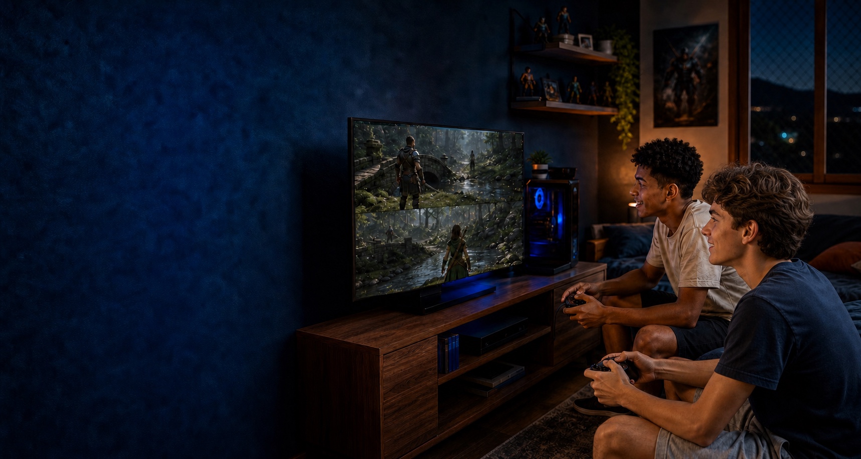 Dois amigos jogando videogame juntos em casa
